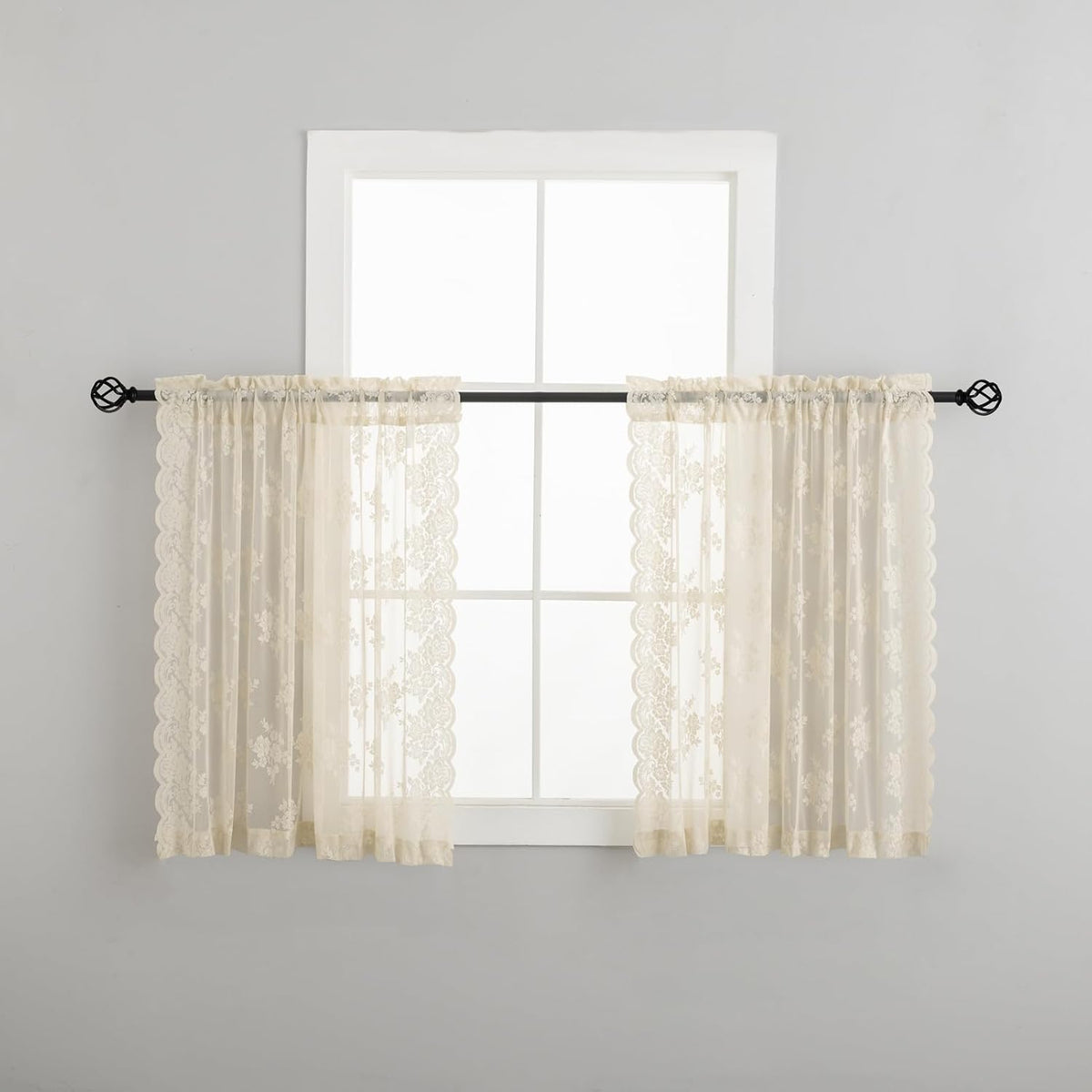 Kotile Short Beige Lace Curtains for Kitchen Windows W42xL45 Inch, 2 Panels
