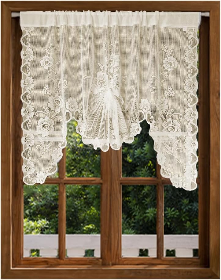Jayla Beige Semi-Sheer Floral Lace Curtain Swag for Kitchen Half Window Bathroom Decoration Rod Pocket,39 x 39 Inch, 1 Panel