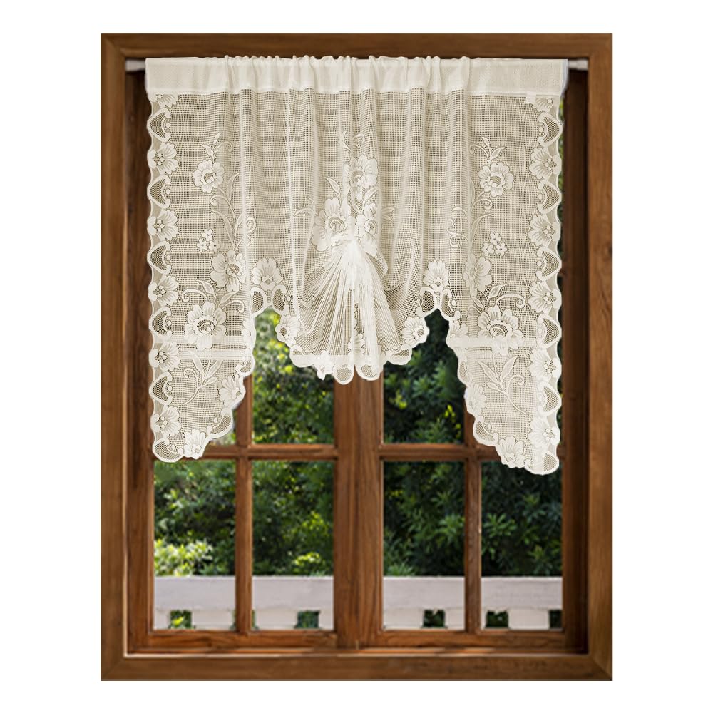 Jayla Beige Semi-Sheer Floral Lace Curtain Swag for Kitchen Half Window Bathroom Decoration Rod Pocket,39 x 39 Inch, 1 Panel