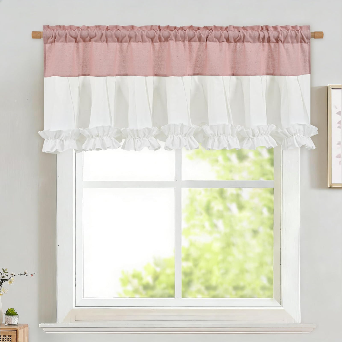 Likiyol Linen Valances for Windows Farmhouse Ruffle Swag Valance Rustic Country Window Valances Light Filtering Kitchen Curtains Rod Pocket Valance Curtains for Bathroom Cafe, Green, 60" W x 36" L