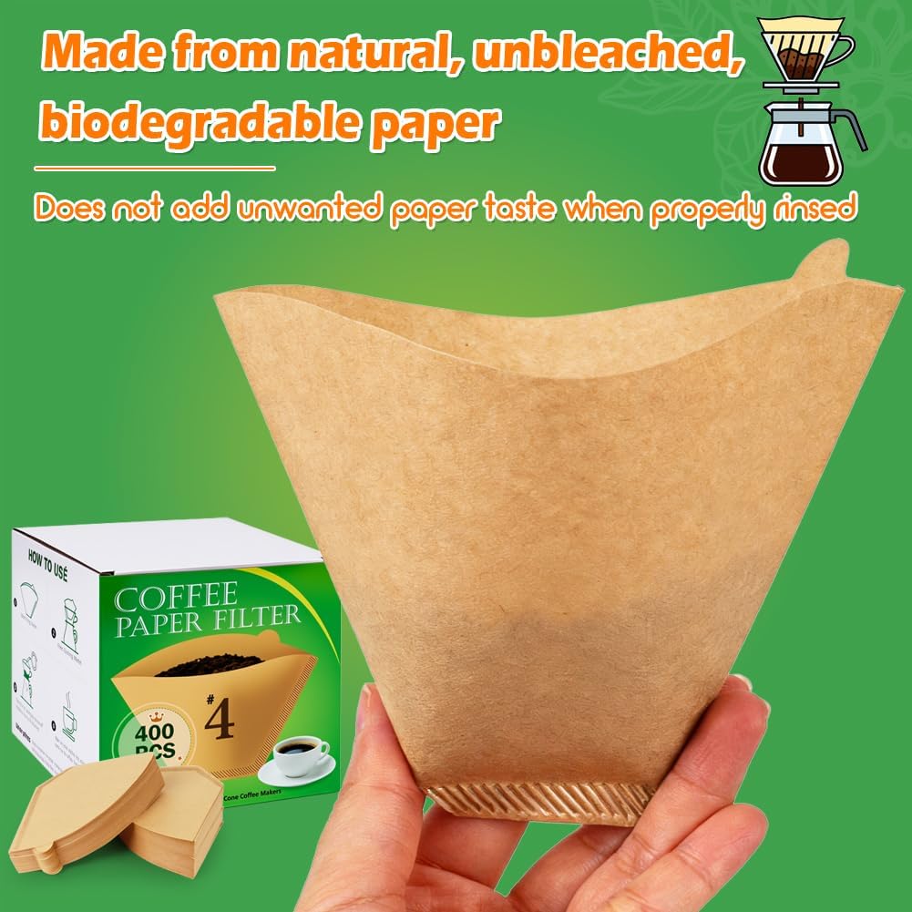 BYKITCHEN 400 PCS #4 Cone Coffee Filters, Fits 8-12 & 14 Cup, Unbleached