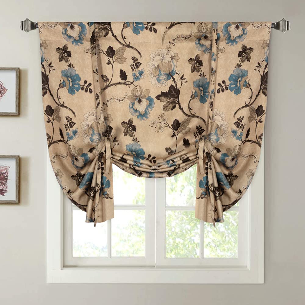 H.VERSAILTEX Thermal Insulated Blackout Curtain Adjustable Kitchen Tie Up Curtains Rod Pocket Panel for Small Window-42 Wide by 63" Long-Vintage Floral Pattern in Sage and Brown