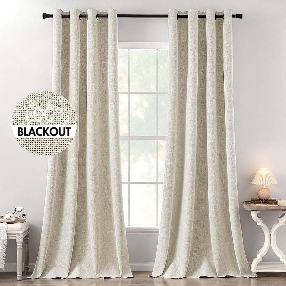 MIULEE 100% Blackout Linen Curtains for Bedroom 52x54 Inches Natural Beige