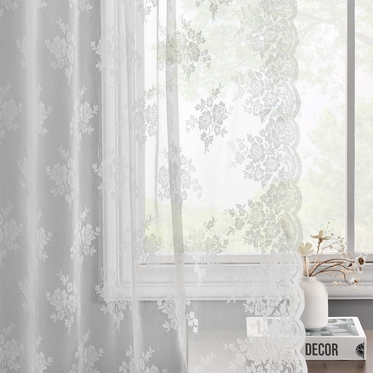 Kotile Short Beige Lace Curtains for Kitchen Windows W42xL45 Inch, 2 Panels