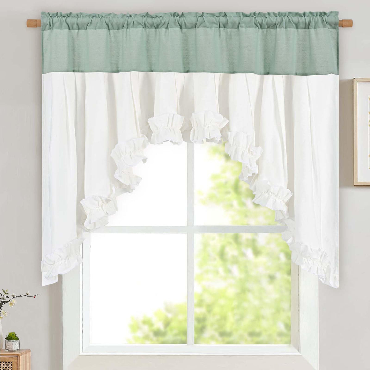 Likiyol Linen Valances for Windows Farmhouse Ruffle Swag Valance Rustic Country Window Valances Light Filtering Kitchen Curtains Rod Pocket Valance Curtains for Bathroom Cafe, Green, 60" W x 36" L