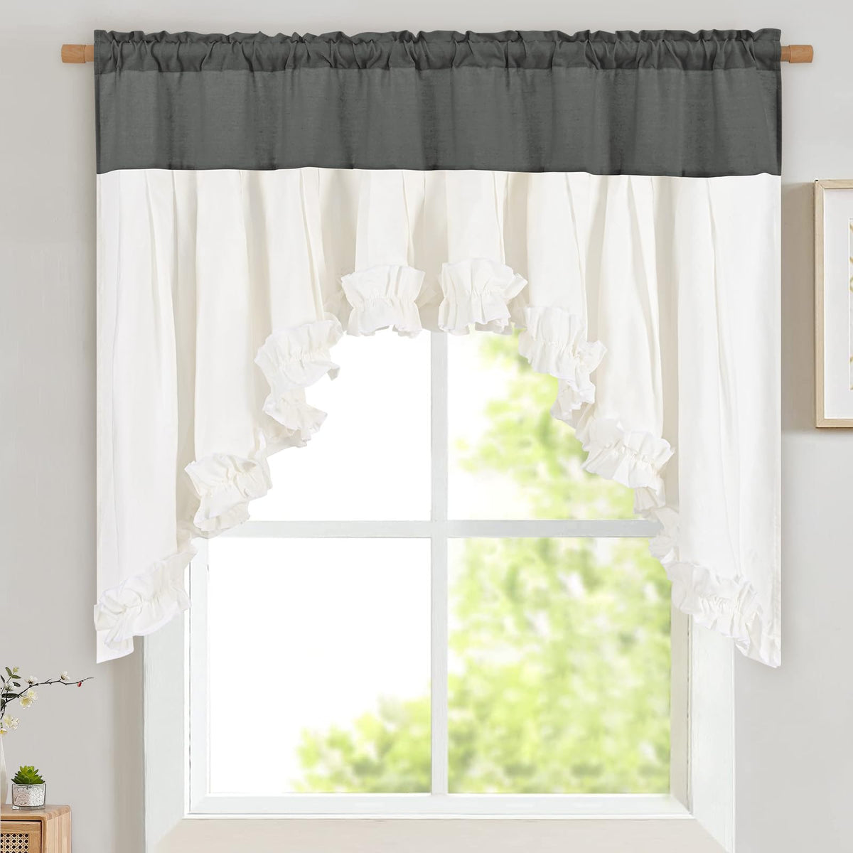 Likiyol Linen Valances for Windows Farmhouse Ruffle Swag Valance Rustic Country Window Valances Light Filtering Kitchen Curtains Rod Pocket Valance Curtains for Bathroom Cafe, Green, 60" W x 36" L