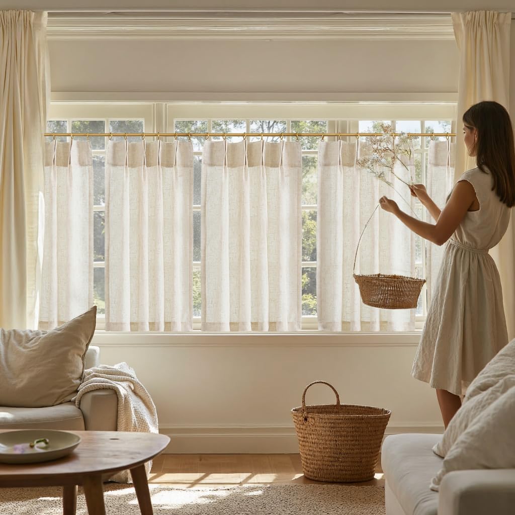 jinchan Linen Pinch Pleated Back Tab Tier Curtains, 26x36, Natural