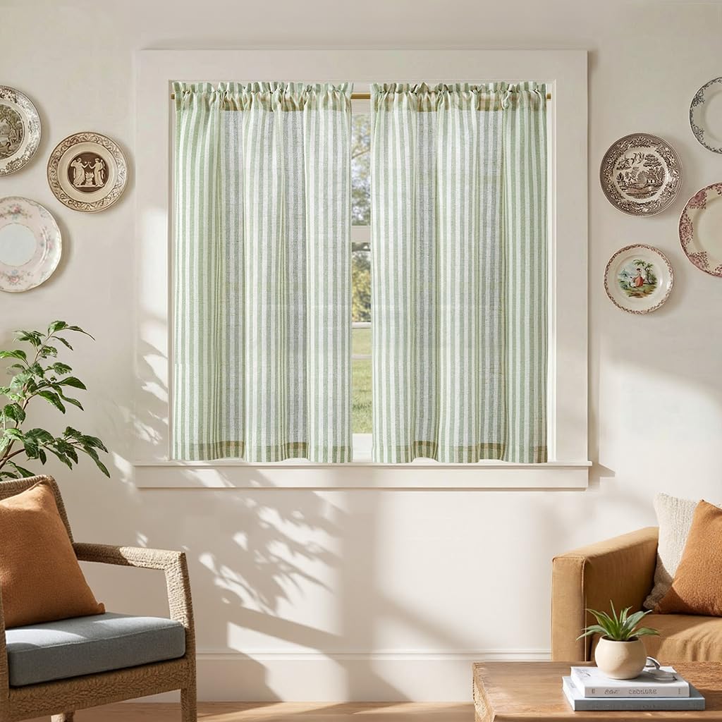 jinchan Striped Linen Kitchen Tier Curtains, 30 Inch, Sage Green, 2 Panels