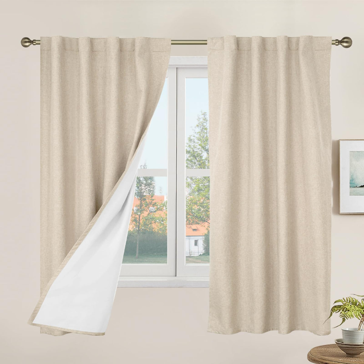 LAMIT Full Blackout Linen Kitchen Window Curtains 36 Inches Long, Ivory