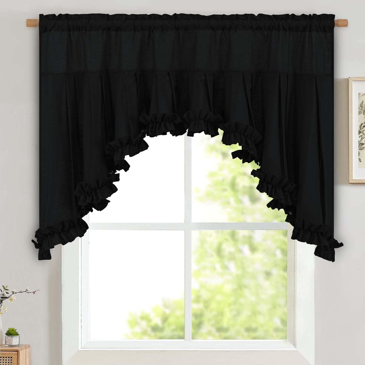 Likiyol Linen Valances for Windows Farmhouse Ruffle Swag Valance Rustic Country Window Valances Light Filtering Kitchen Curtains Rod Pocket Valance Curtains for Bathroom Cafe, Green, 60" W x 36" L