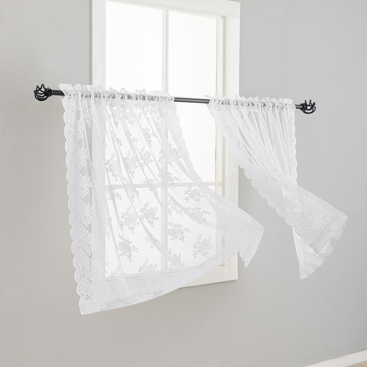 Kotile Short Beige Lace Curtains for Kitchen Windows W42xL45 Inch, 2 Panels