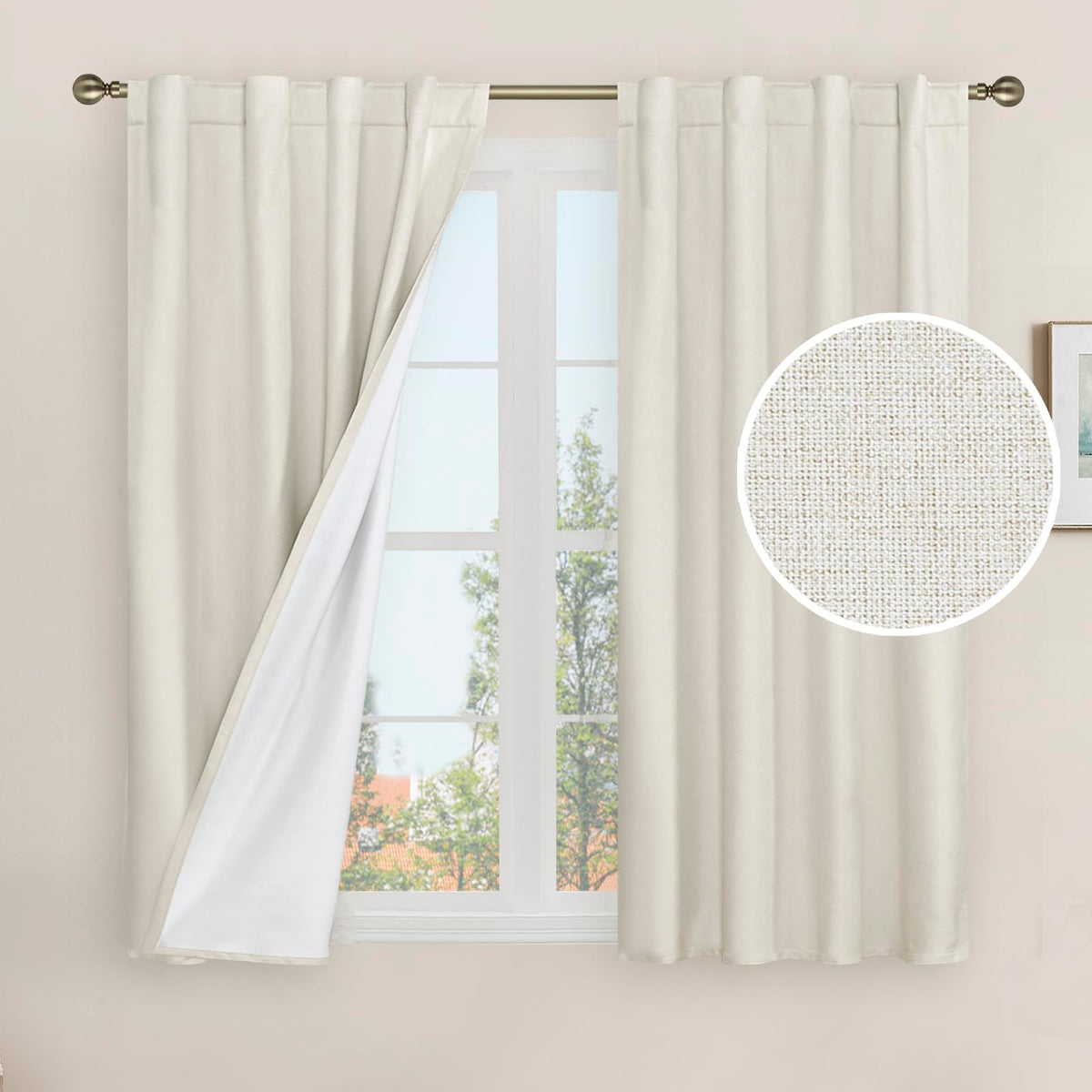 LAMIT Full Blackout Linen Kitchen Window Curtains 36 Inches Long, Ivory