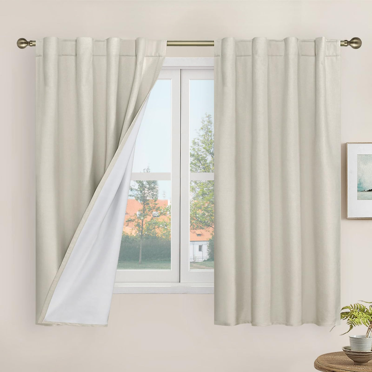 LAMIT Full Blackout Linen Kitchen Window Curtains 36 Inches Long, Ivory