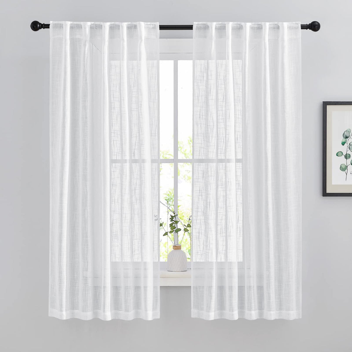 NICETOWN Natural Linen Kitchen Curtains 26 inches Long, Rod Pocket & Back Tab Semi Sheer Flax Window Treatments Rustic & Cute for Cafe/Kids Room, W37 x L26, 2 Panels