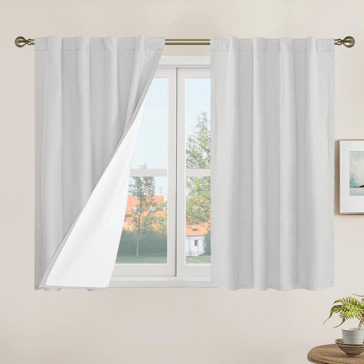 LAMIT Full Blackout Linen Kitchen Window Curtains 36 Inches Long, Ivory