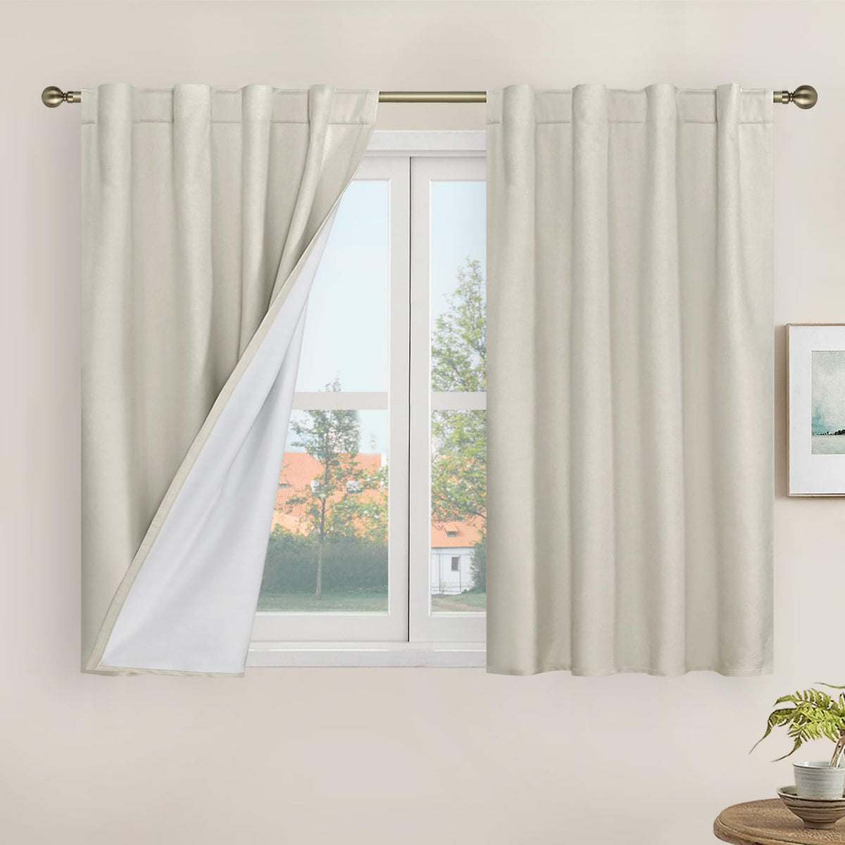 LAMIT Full Blackout Linen Kitchen Window Curtains 36 Inches Long, Ivory