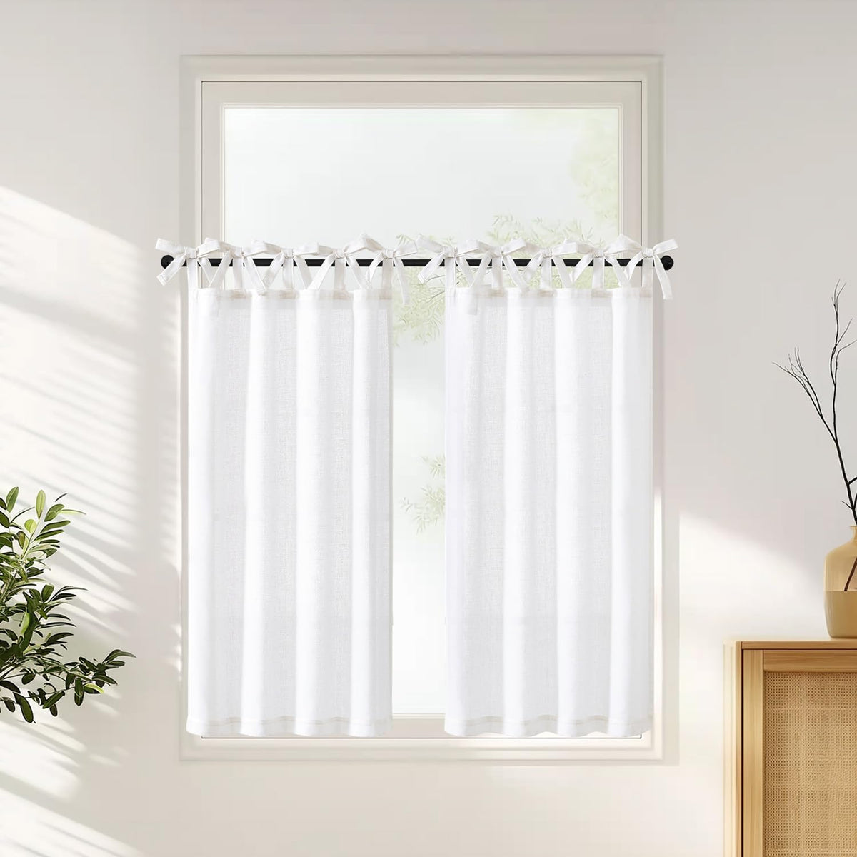 jinchan Solid Linen Kitchen Tier Curtains 24 Inches Tie Top 2 Panles Crude