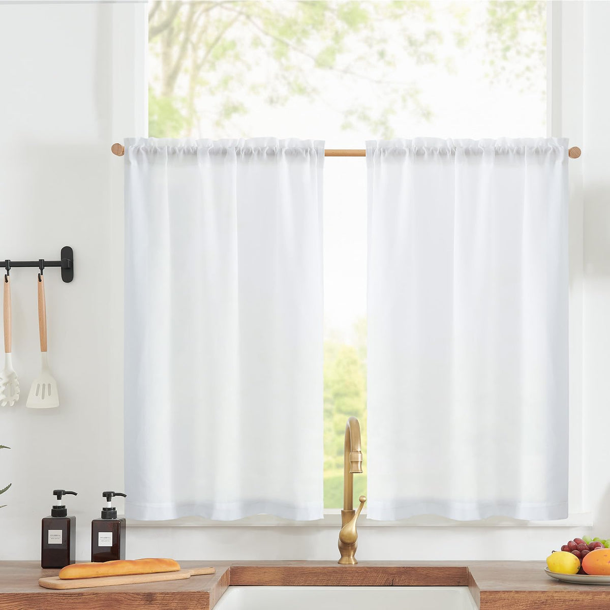 jinchan Linen Blend Kitchen Tier Curtains, 24 Inch, White, 2 Panels