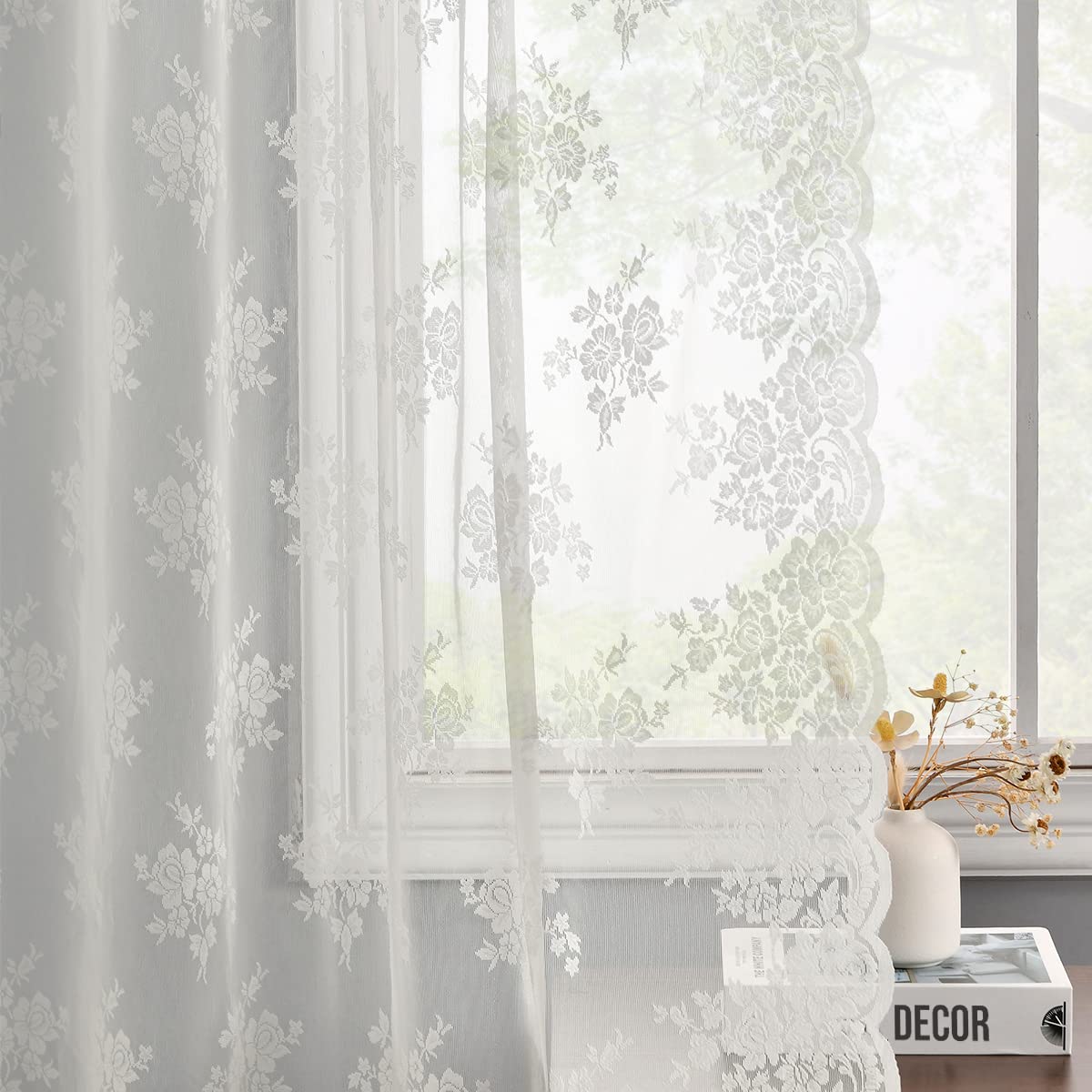 Kotile Short Beige Lace Curtains for Kitchen Windows W42xL45 Inch, 2 Panels