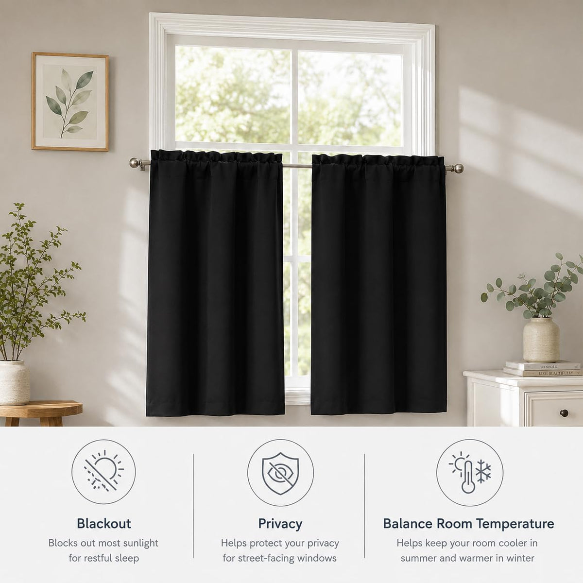 Chyhomenyc Short Black Out Curtains 36 Inch Length, 2 Panels, Black
