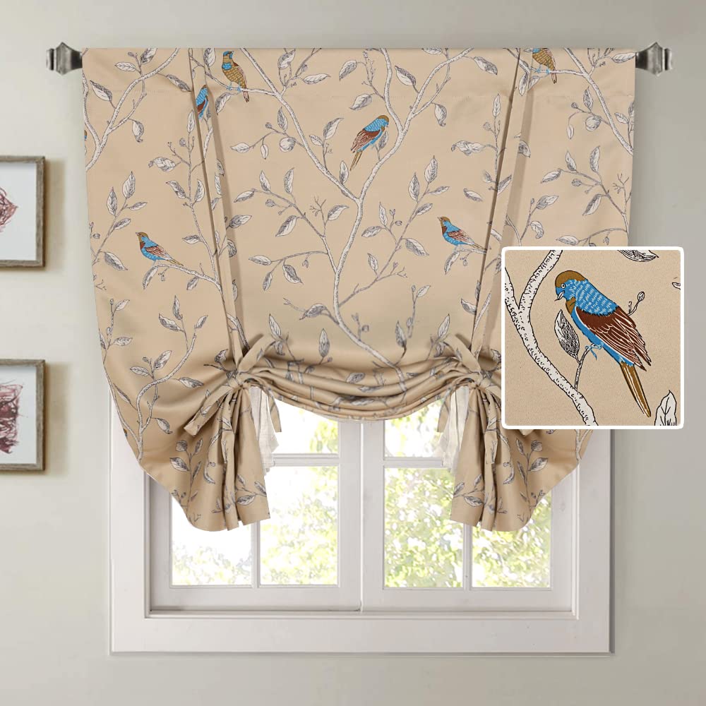 H.VERSAILTEX Thermal Insulated Blackout Curtain Adjustable Kitchen Tie Up Curtains Rod Pocket Panel for Small Window-42 Wide by 63" Long-Vintage Floral Pattern in Sage and Brown