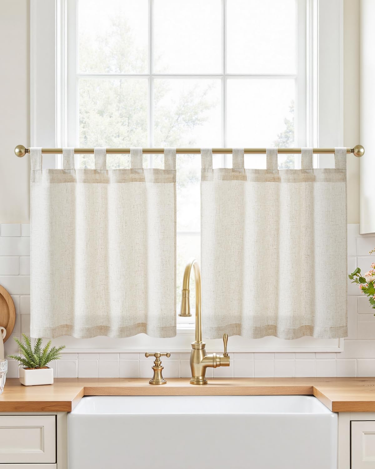 jinchan Linen Pinch Pleated Back Tab Tier Curtains, 26x36, Natural