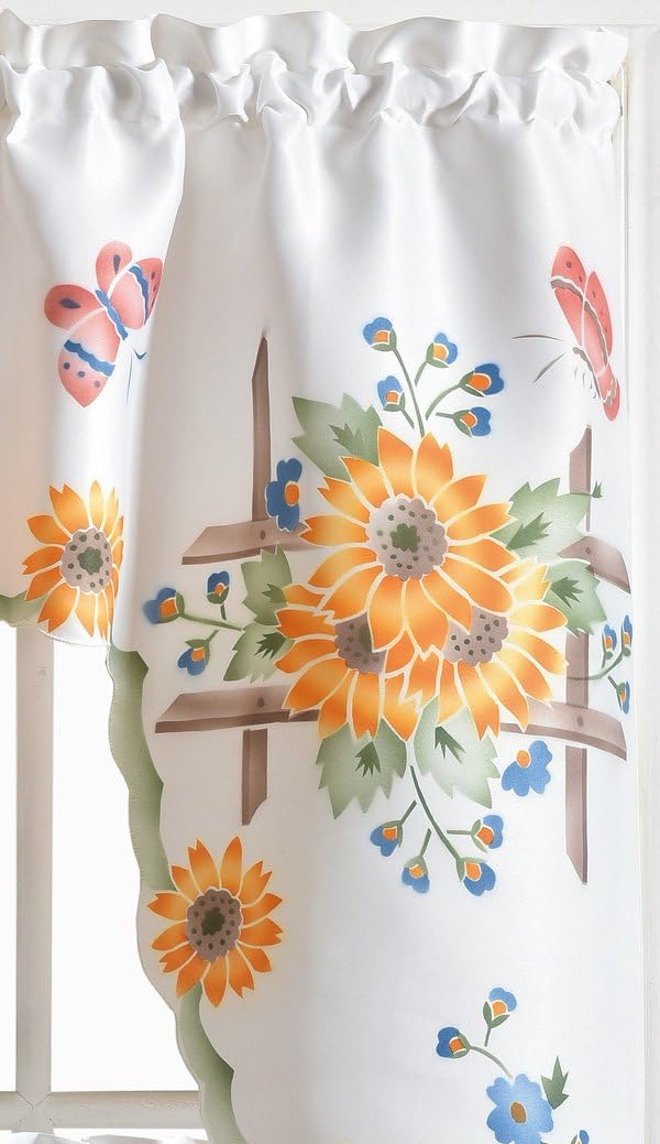 GOHD 3pcs Farmhouse Kitchen Cafe Curtain Set Air Brushed by Hand of Sunflower and Butterfly Design on Thick Satin Fabric (Swag and 36 inches Tiers Set)