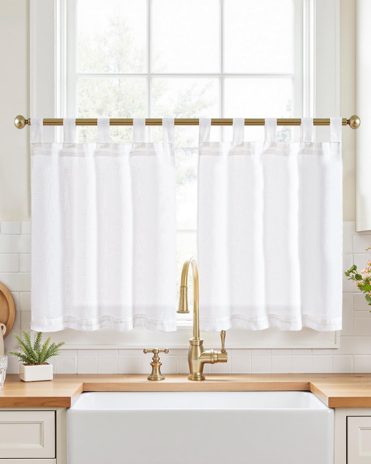 jinchan Linen Pinch Pleated Back Tab Tier Curtains, 26x36, Natural