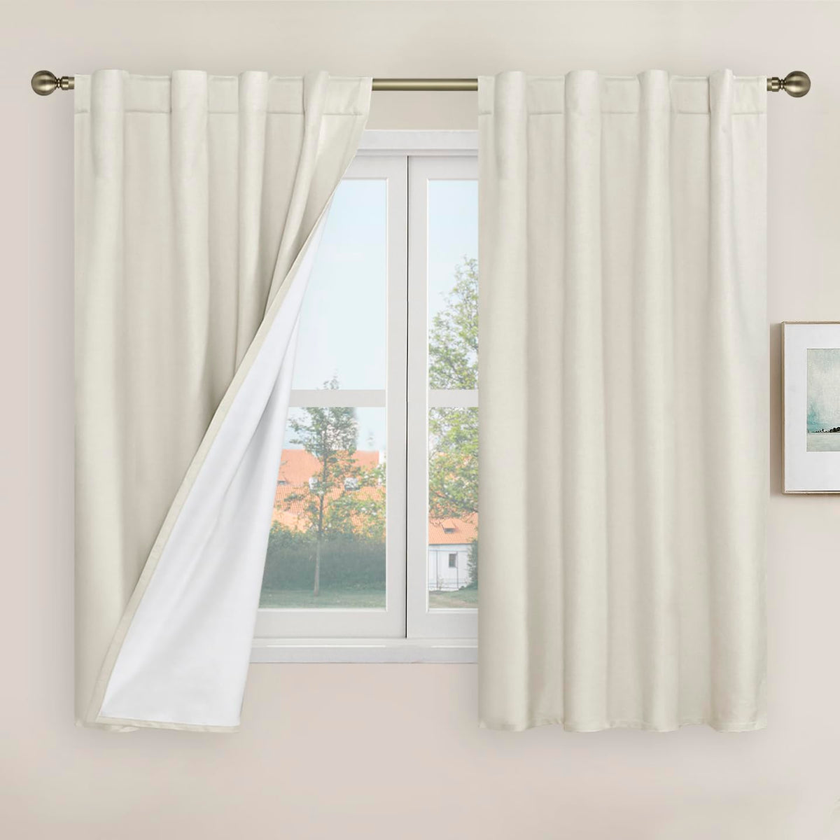 LAMIT Full Blackout Linen Kitchen Window Curtains 36 Inches Long, Ivory