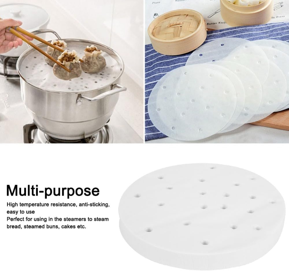 Limen 400Pcs Steamer Cooking Paper Liners, Nonstick Silicone Oil Paper Sheets Under Steam Mat Liners for Buns Dumplings Kitchen Use, White 6.1 Inch