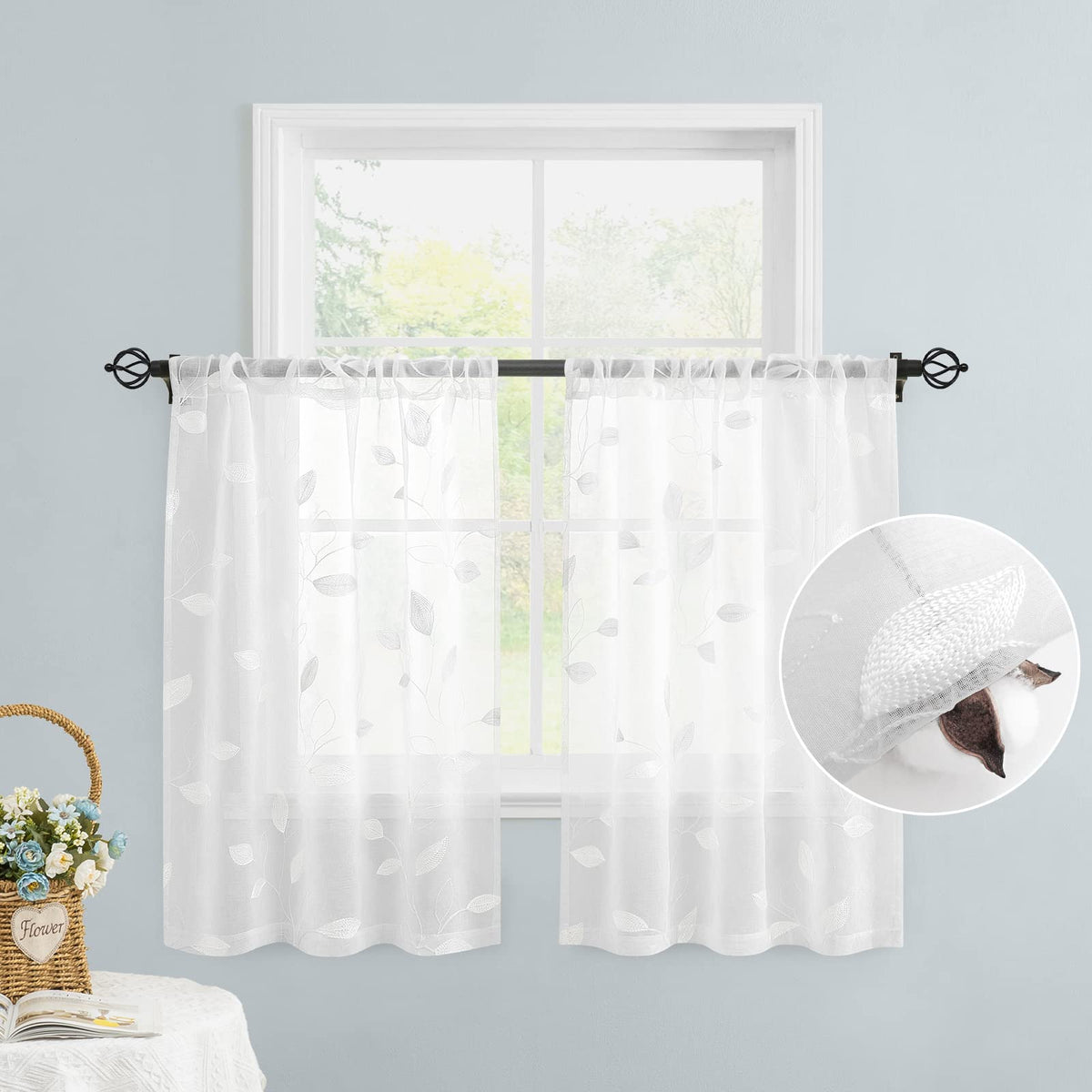 HOMEIDEAS Sage Green Kitchen Tier Curtains Leaf Embroidered, 30x36, 2 Panel