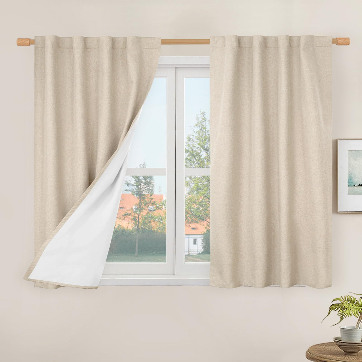 LAMIT Full Blackout Linen Kitchen Window Curtains 36 Inches Long, Ivory