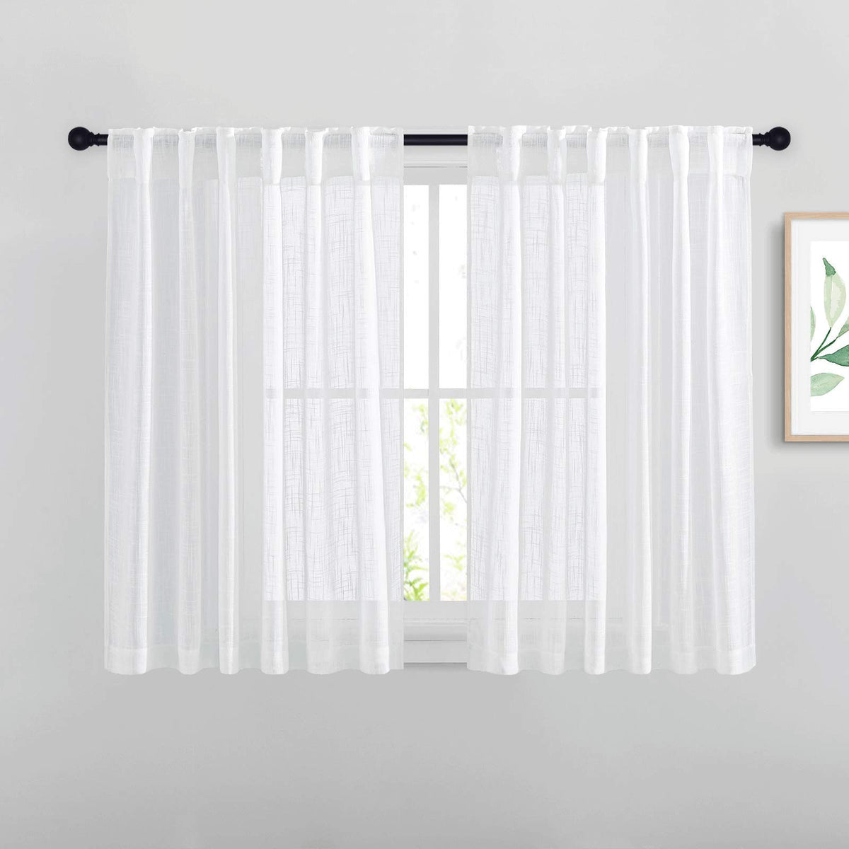 NICETOWN Natural Linen Kitchen Curtains 26 inches Long, Rod Pocket & Back Tab Semi Sheer Flax Window Treatments Rustic & Cute for Cafe/Kids Room, W37 x L26, 2 Panels