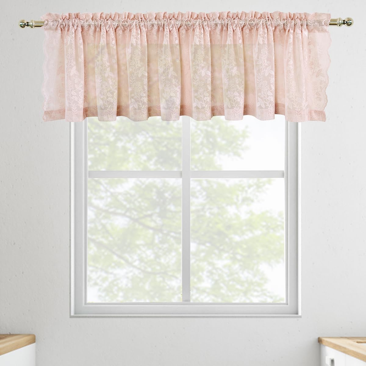 FINECITY Short Beige Lace Curtains Rustic Leaf Floral W42xL36 Inch 2 Panels