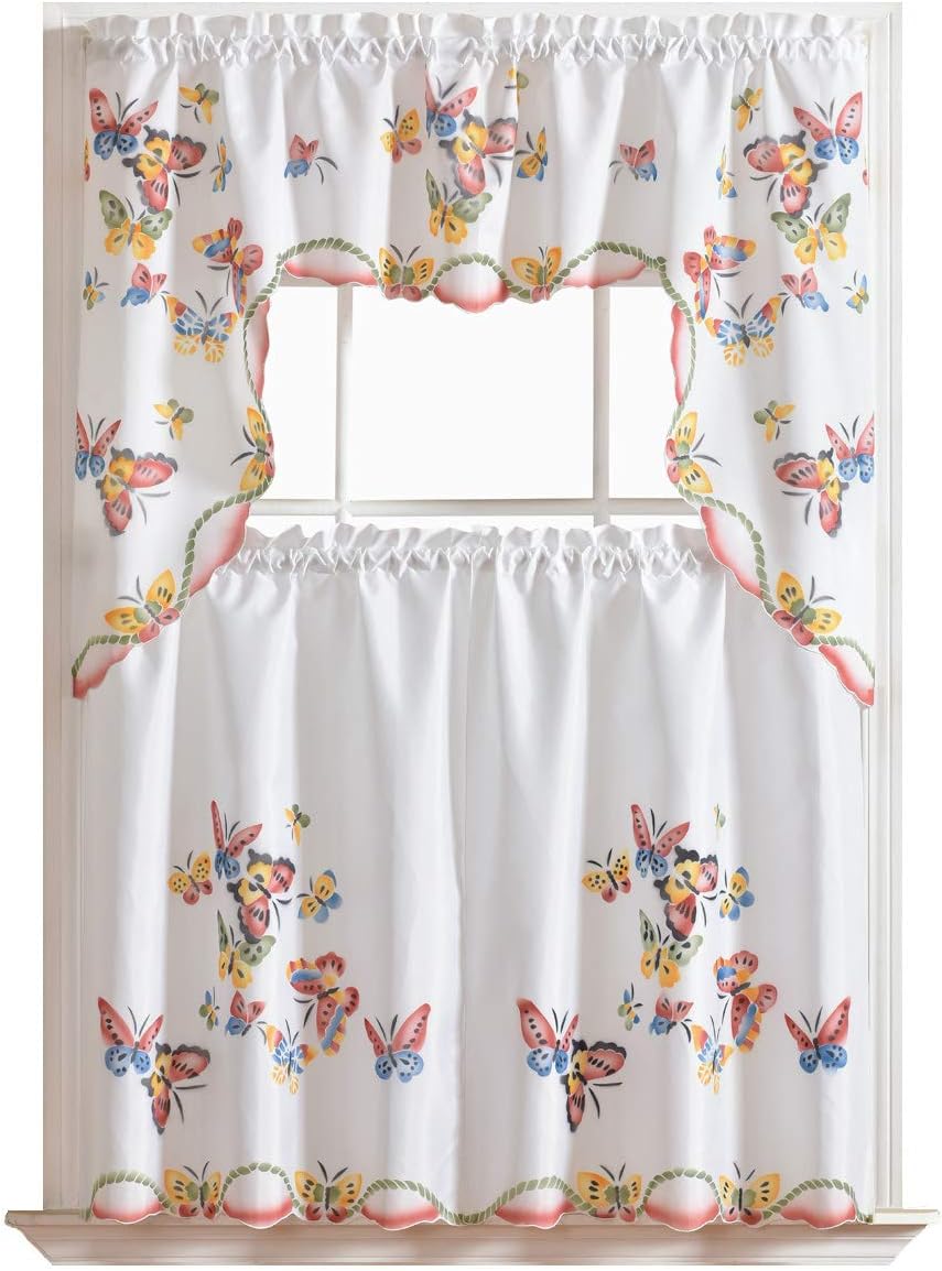 GOHD 3pcs Kitchen Curtain Set,Air-Brushed Butterfly by Hand,24" Tiers Set
