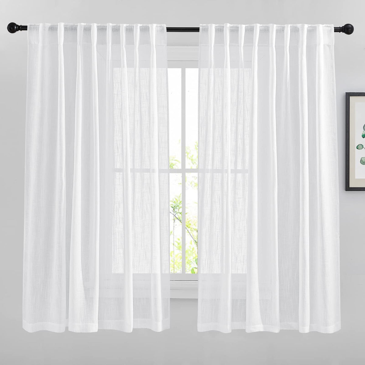 NICETOWN Natural Linen Kitchen Curtains 26 inches Long, Rod Pocket & Back Tab Semi Sheer Flax Window Treatments Rustic & Cute for Cafe/Kids Room, W37 x L26, 2 Panels