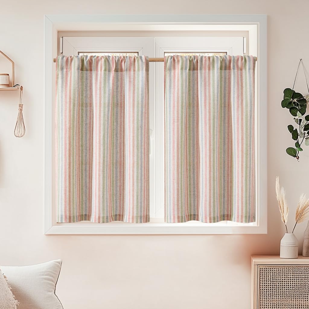 jinchan Striped Linen Kitchen Tier Curtains, 20 Inch, Tan, 2 Panels