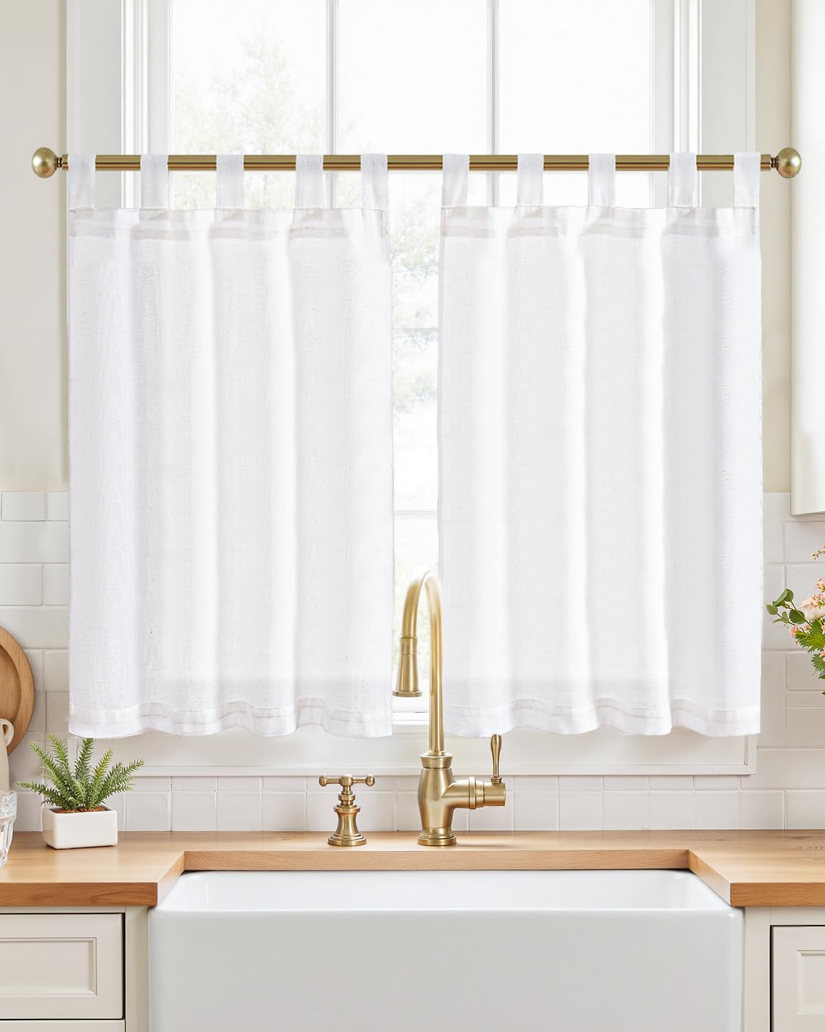 jinchan Linen Pinch Pleated Back Tab Tier Curtains, 26x24, Natural