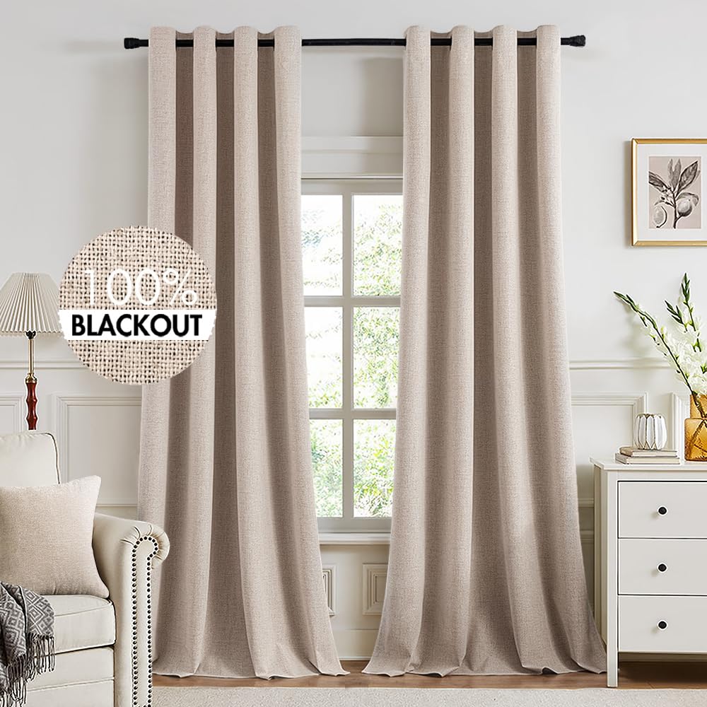 MIULEE 100% Blackout Linen Curtains for Bedroom 52x54 Inches Natural Beige
