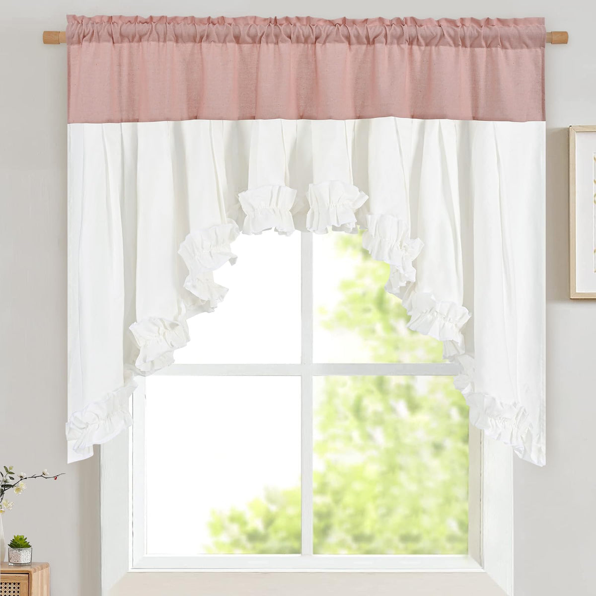 Likiyol Linen Valances for Windows Farmhouse Ruffle Swag Valance Rustic Country Window Valances Light Filtering Kitchen Curtains Rod Pocket Valance Curtains for Bathroom Cafe, Green, 60" W x 36" L
