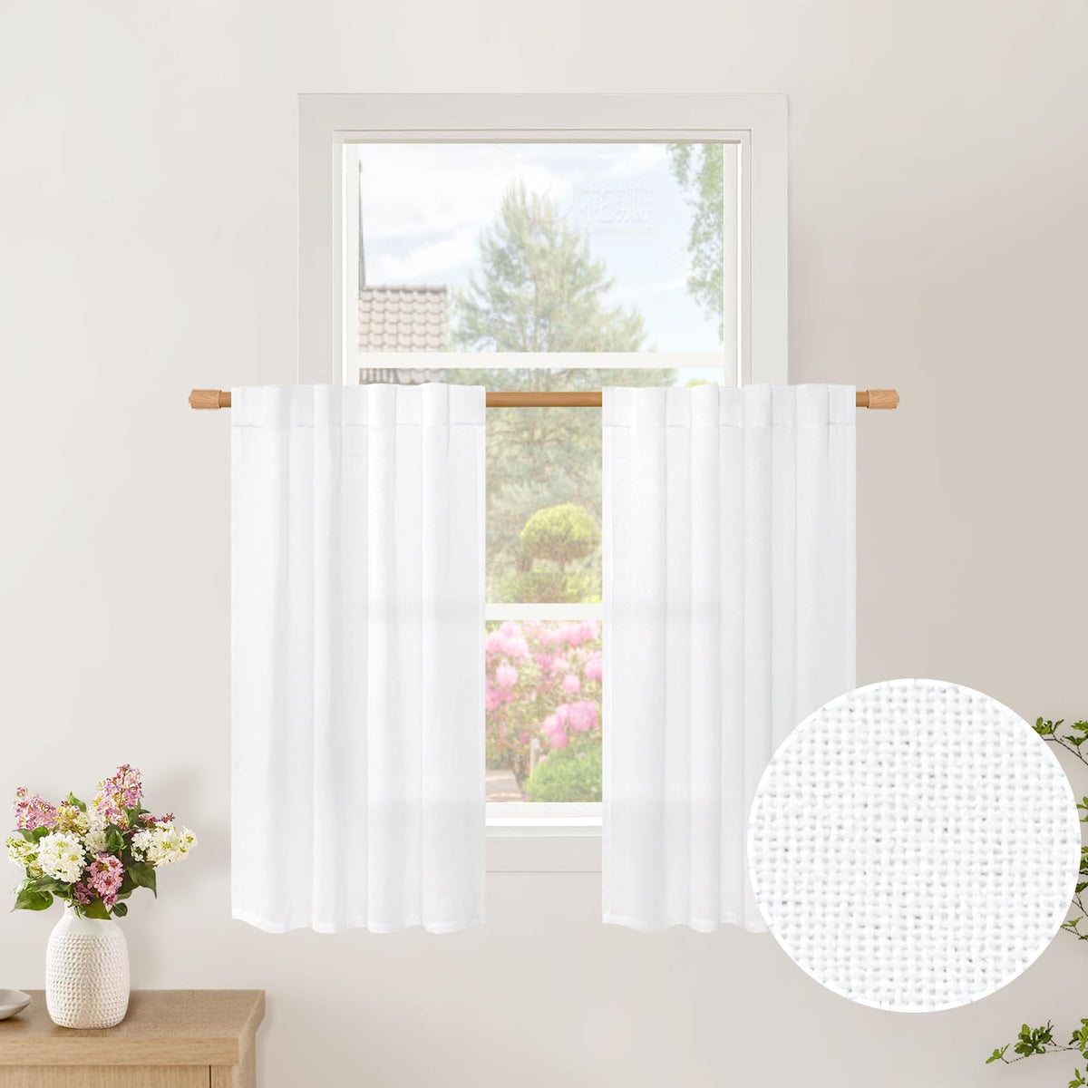 BGment White Linen Kitchen Curtains 40 Inch Length for Short Window