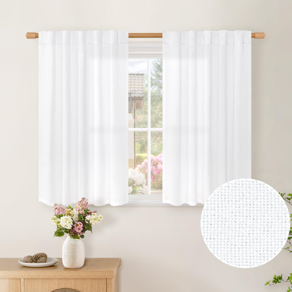 BGment White Linen Kitchen Curtains 40 Inch Length for Short Window