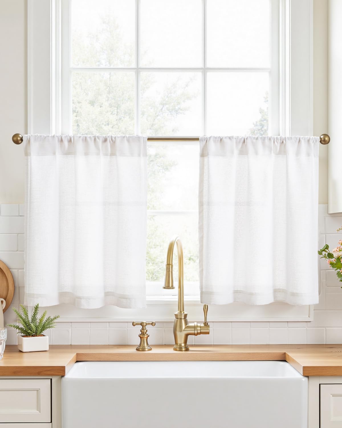 jinchan Linen Pinch Pleated Back Tab Tier Curtains, 26x24, Natural