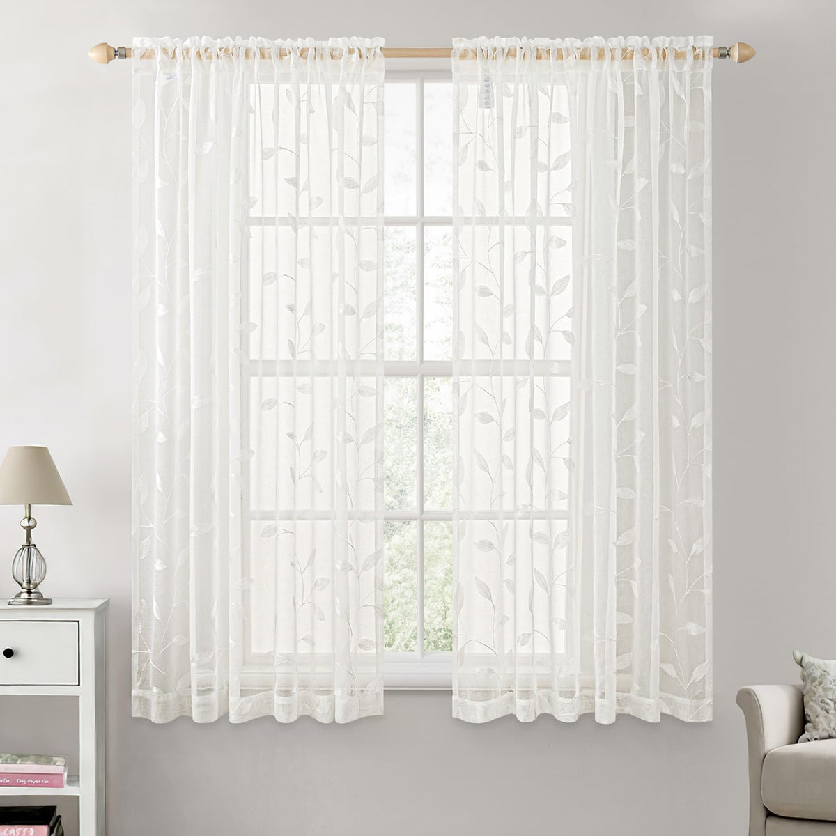 MIULEE Beige Sheer Curtains 2 Panels Embroidered Leaf Patterned, W52 x L63