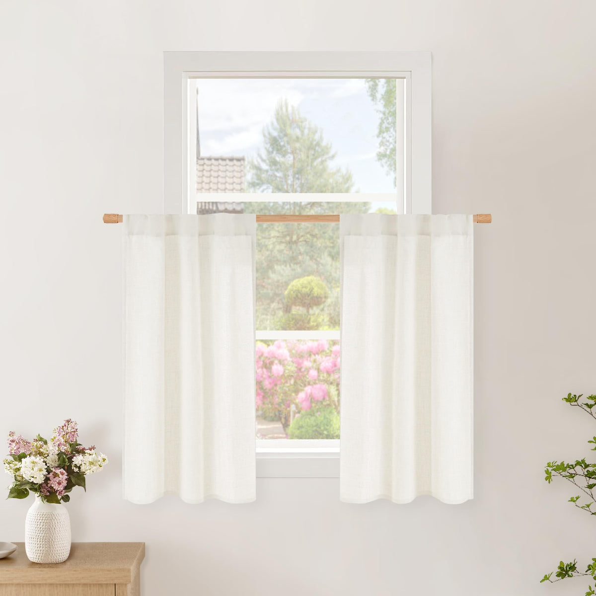 BGment White Linen Kitchen Curtains 40 Inch Length for Short Window