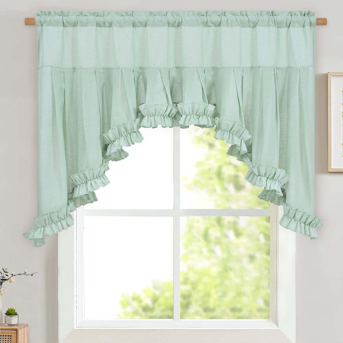 Likiyol Linen Valances for Windows Farmhouse Ruffle Swag Valance Rustic Country Window Valances Light Filtering Kitchen Curtains Rod Pocket Valance Curtains for Bathroom Cafe, Green, 60" W x 36" L