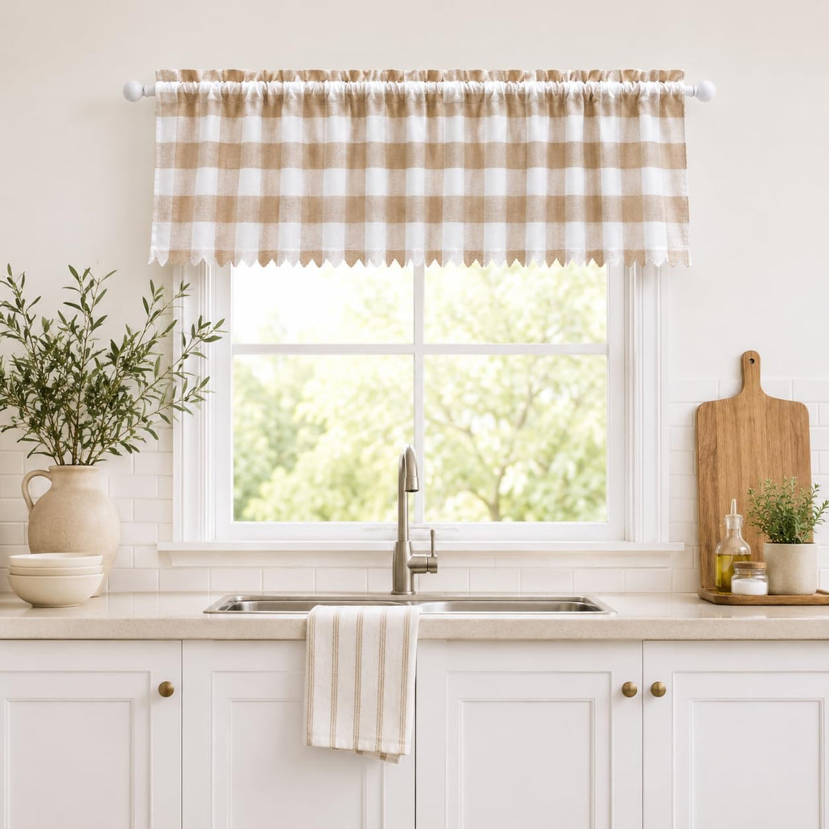 Beda Home Buffalo Check Swag Valance for Kitchen, Coffee/White, 52 x 18 in