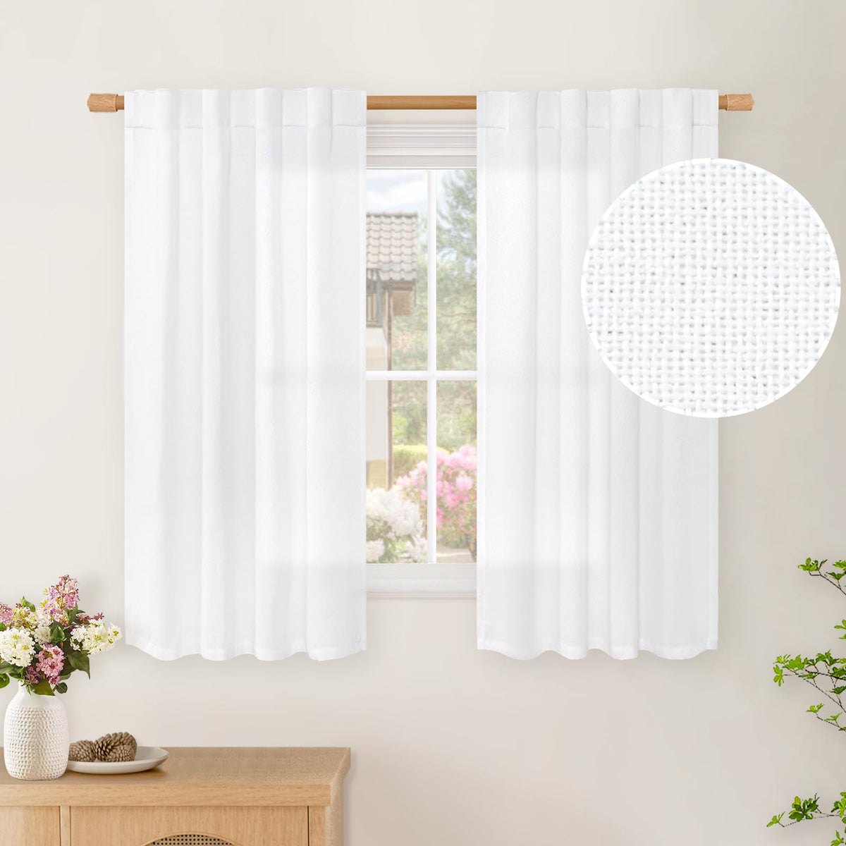 BGment White Linen Kitchen Curtains 40 Inch Length for Short Window