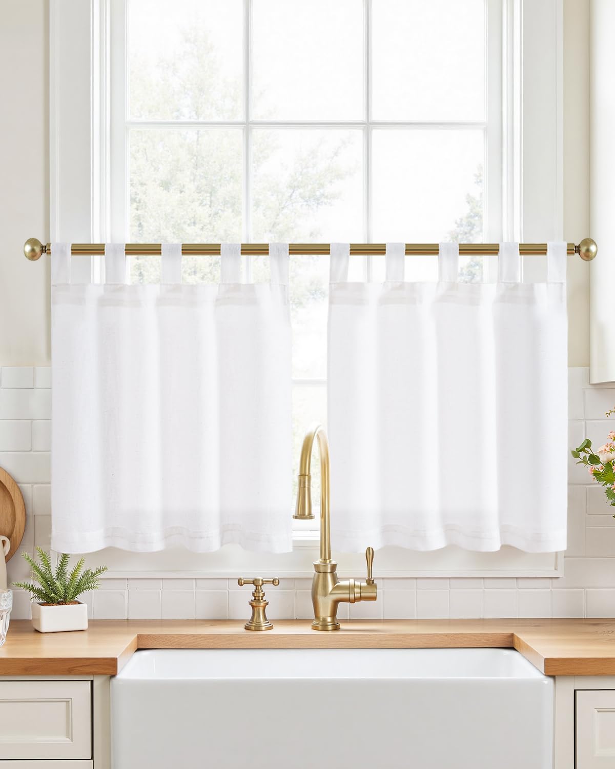 jinchan Linen Pinch Pleated Back Tab Tier Curtains, 26x36, Natural