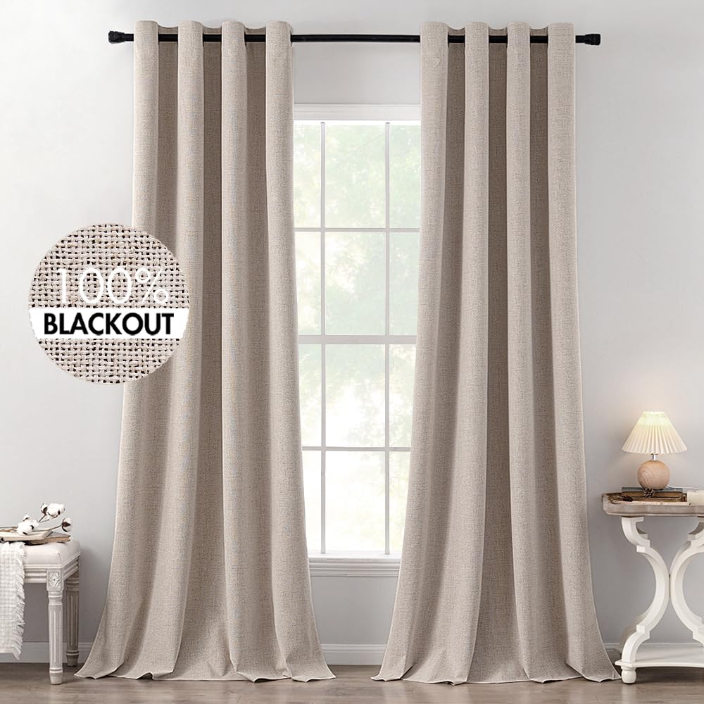 MIULEE 100% Blackout Linen Curtains for Bedroom 52x54 Inches Natural Beige